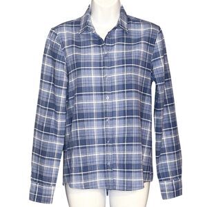 Massimo Dutti Women's Button Up Shirt Sz 4 Small Blue Plaid Stripe Cotton Linen
